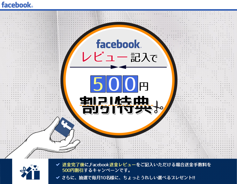 送金完了後に、Facebook送金レビューをご記入いただける場合送金手数料を500円割引するキャンペーンです。